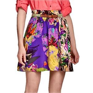 ANTHRO Maeve Carizzio 100% Silk Abstract Floral Print Mini Skirt w/Pockets, Sz M